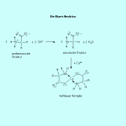 In der Biuret-Reaktion bilden Aminosäuren nach der Deprotonierunhg mit einer Base mit Cu(II)-Kationen einen tiefblau gefärbten Komplex. 