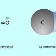 Strukturformel (mit Formalladungen) und Kalottenmodell des Kohlenstoffmonooxidmoleküls 