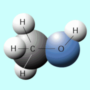 Modell des Methanol-Moleküls (grau: Kohlenstoff, blau: Sauerstoff, weiß: Wasserstoff) 