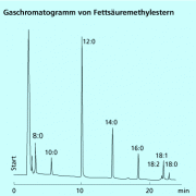 Gaschromatogramm der Methylester der Kokosöl-Fettsäuren (12 : 0 bedeutet gesättigte Fettsäure mit 12 Kohlenstoffatomen, 18 : 2 ist eine Fettsäure mit 18 Kohlenstoffatomen und zwei Doppelbindungen.) 