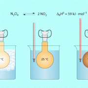Die Reaktionstemperatur beeinflusst das Konzentrationsverhältnis der im Gleichgewicht liegenden Gase: farbloses Distickstofftetraoxid und dunkelbraunes Stickstoffdioxid. 
