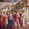 MASACCIO (1401–1429): Freskenzyklus der Brancacci-Kapelle in Santa Maria del Carmine in Florenz (1426–1428), Szenen aus dem Leben Petri, Szene: Der Zinsgroschen. 
