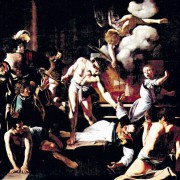 MICHELANGELO CARAVAGGIO: Gemälde der Contarelli-Kapelle in San Luigi di Francesi in Rom,Szene: „Martyrium des Hl. Matthäus“;1599–1600, Öl auf Leinwand, 323 × 343 cm;Rom, San Luigi dei Francesi. 