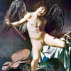 MICHELANGELO CARAVAGGIO: „Amor als Sieger“;um 1600, Öl auf Leinwand, 154 × 110 cm;Berlin, Gemäldegalerie. 