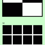 Helle und dunkle Flächen führen leicht zu Kontrasttäuschungen: Bei Bild 15a sind die helle und dunkle Fläche in der Mitte gleich breit. Bei Bild 15b sind die Bereiche zwischen jeweils vier schwarzen Quadraten nicht grau, sondern weiß. 