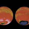 Das Ozonloch in der Atmosphäre, zu erkennen an seiner bläulichen Färbung. Die Aufnahmen stammen aus den Jahren 1979 (links) und 1987 (rechts). Inzwischen hat sich das Ozonloch weiter vergrößert. 