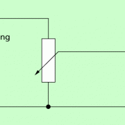 Einfacher Spannungsteiler im Gleichstromkreis: Durch den Potenziometerwiderstand wird die Eingangsspannung aufgeteilt. Eine Teilspannung wird über den dritten Anschluss (Abgriff) abgegriffen. 
